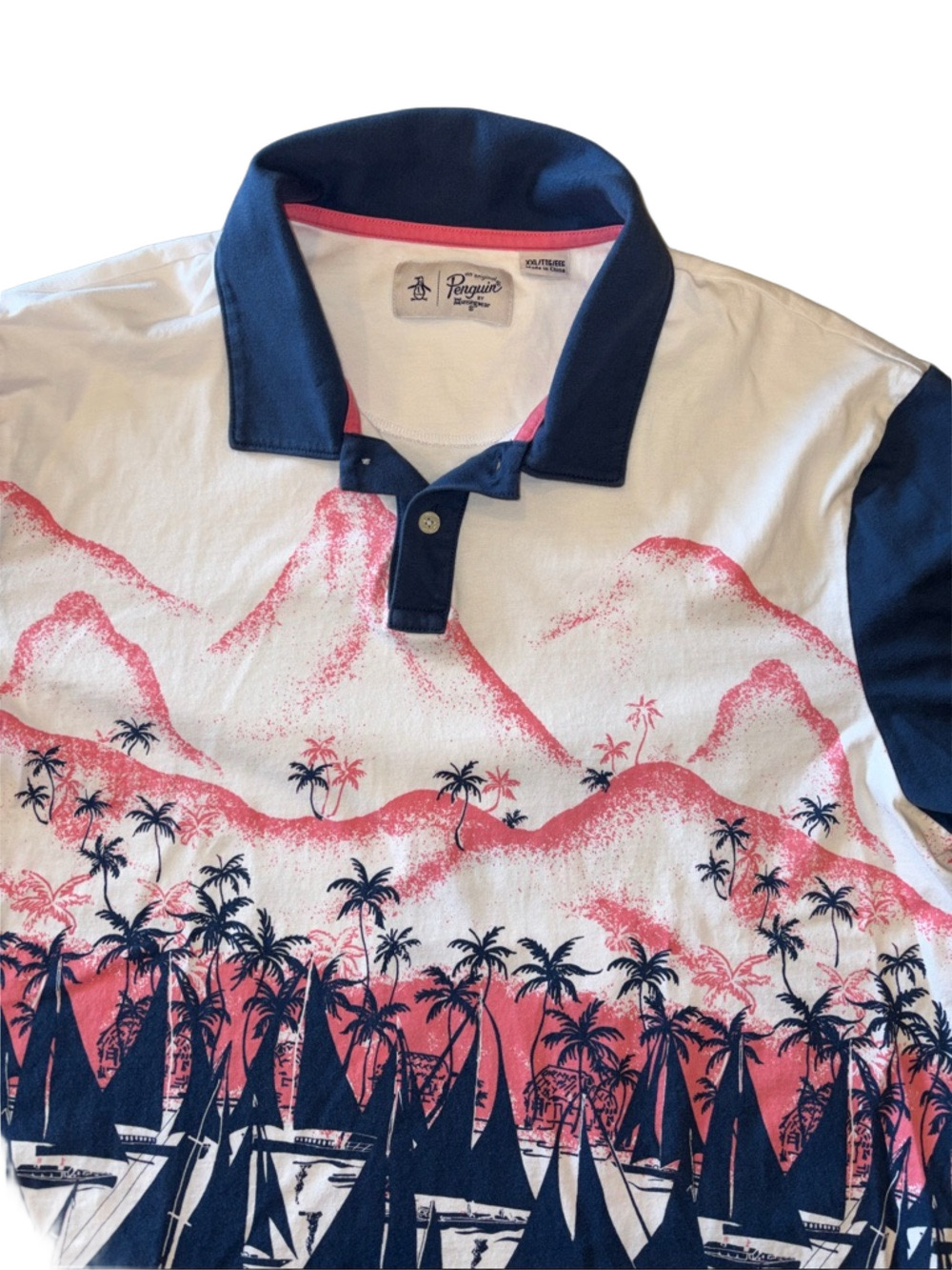 Original Penguin XXL Tropical Sailboat Polo Shirt Navy Pink Resort Golf Summer